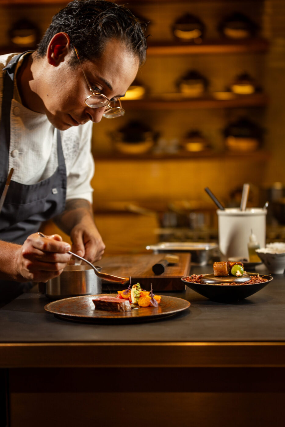 Alex Fuentes, Head Chef of Special Projects, uses Knights Valley Wagyu beef three ways at SingleThread in Healdsburg, September 19, 2025. (John Burgess / The Press Democrat)