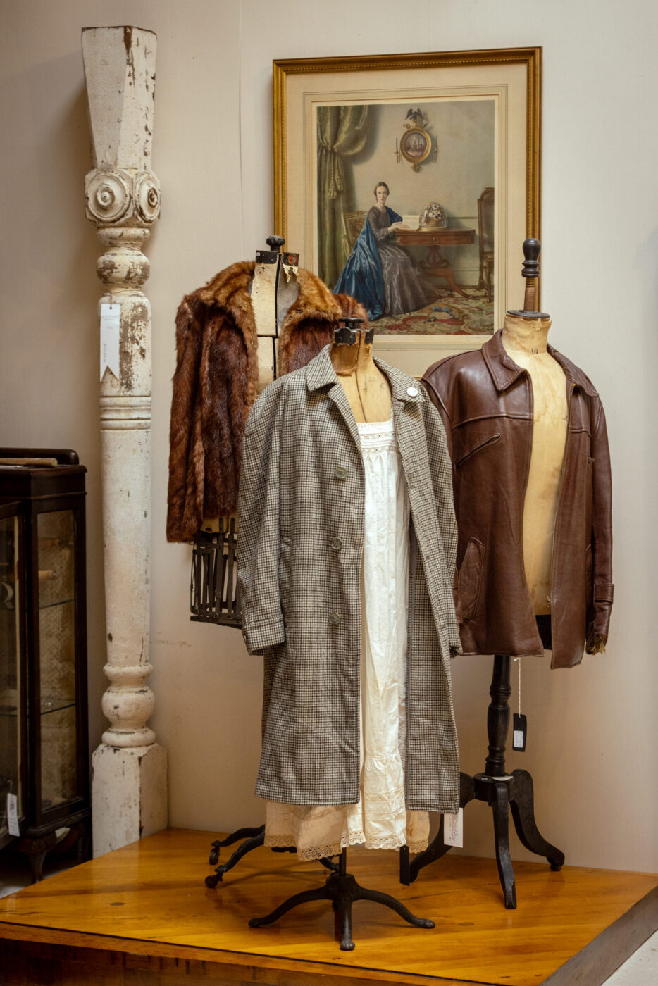 Antique jackets and coats from Savage Sublime, one of the many vendors inside the Antique Society Thursday, Oct. 2, 2025 in Sebastopol. (John Burgess / The Press Democrat)