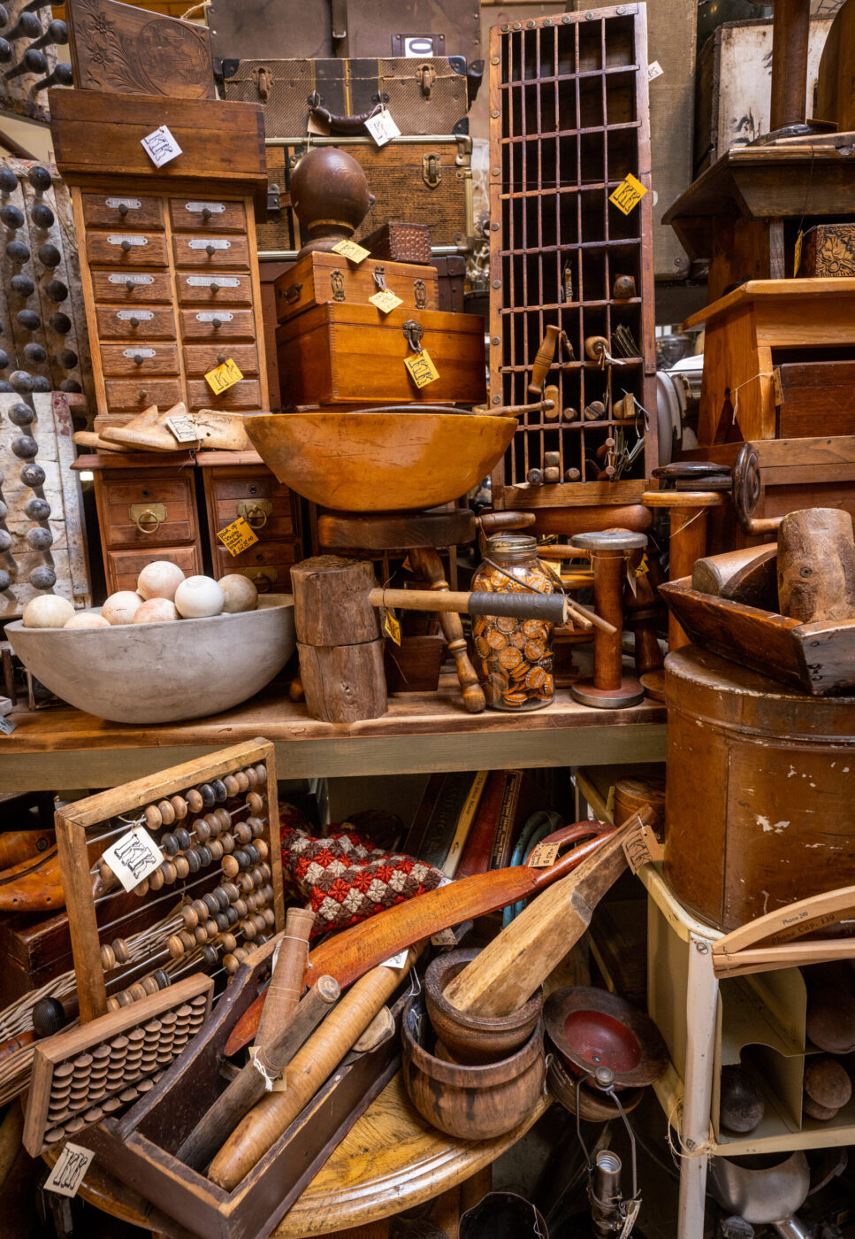 Antique wooden collectibles from one of the many vendors inside the Antique Society Thursday, Oct. 2, 2025 in Sebastopol. (John Burgess / The Press Democrat)