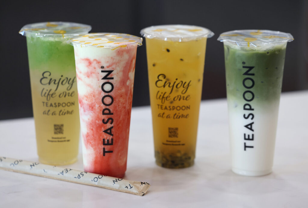 A variety of teas including (from left) the Grasshopper, a lychee green tea topped with cucumber juice, the Strawberry Colada, a pineapple coconut smoothie with a signature strawberry jam, the Ladybug, a green tea with passionfruit juice, and Matcha Royale, a ceremonial matcha green tea infused with milk, at Teaspoon located at 441 N. McDowell Blvd. in Petaluma Wednesday, Jan. 15, 2025. (Beth Schlanker / The Press Democrat)