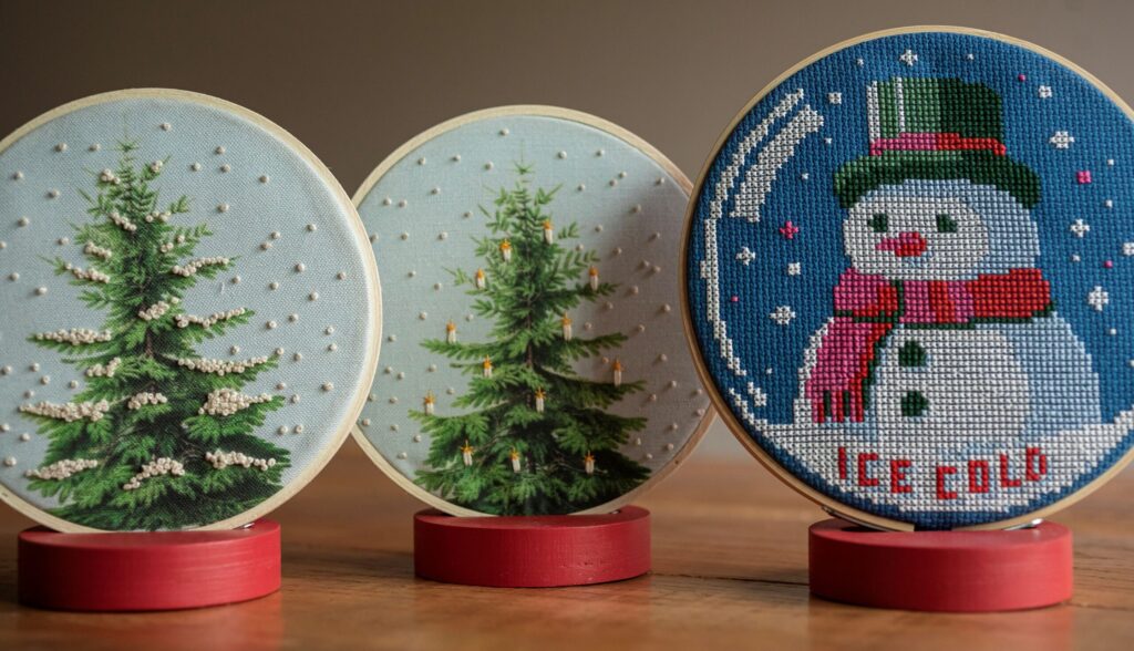 Finished winter-themed works by embroidery artist Robert Mahar. (Chad Surmick / Sonoma Magazine)