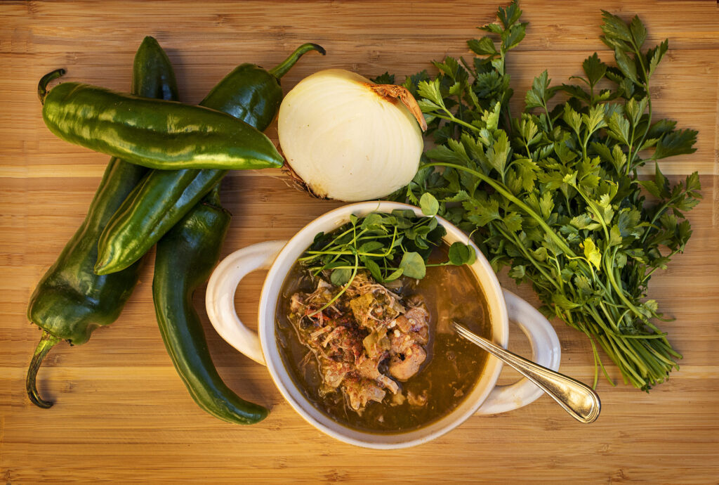 Pork Chili Verde with Anaheim chili, onion and parsley from chef Chad Holmes of Chad's Soup Shack. Photo taken on Tuesday, Jan. 26, 2021. (John Burgess/The Press Democrat)