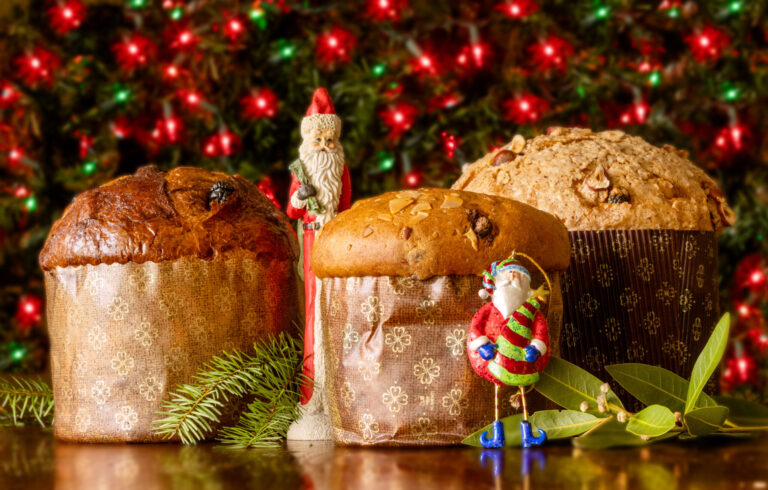 Locally made panettone, left to right, Nightingale Bakery Chocolate Cranberry, Costeaux French Bakery and Goguette Bread Au Beurre Wednesday December 13, 2023. (John Burgess/The Press Democrat)
