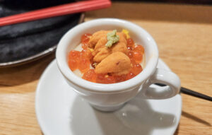 Uni chawanmushi (egg custard with Hokkaido uni and roe) at Sushi Kosho's nine-piece nigiri tasting. (Heather Irwin / The Press Democrat)