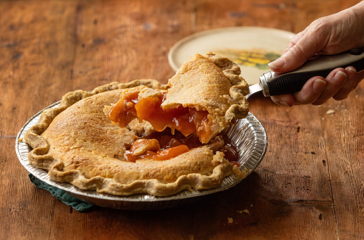 A baked nectarine pie from The Pie Company which you can pick up from a freezer when grabbing a light bulb at the Sebastopol Hardware Center. Photo taken Monday, March 11, 2024. (John Burgess / The Press Democrat)