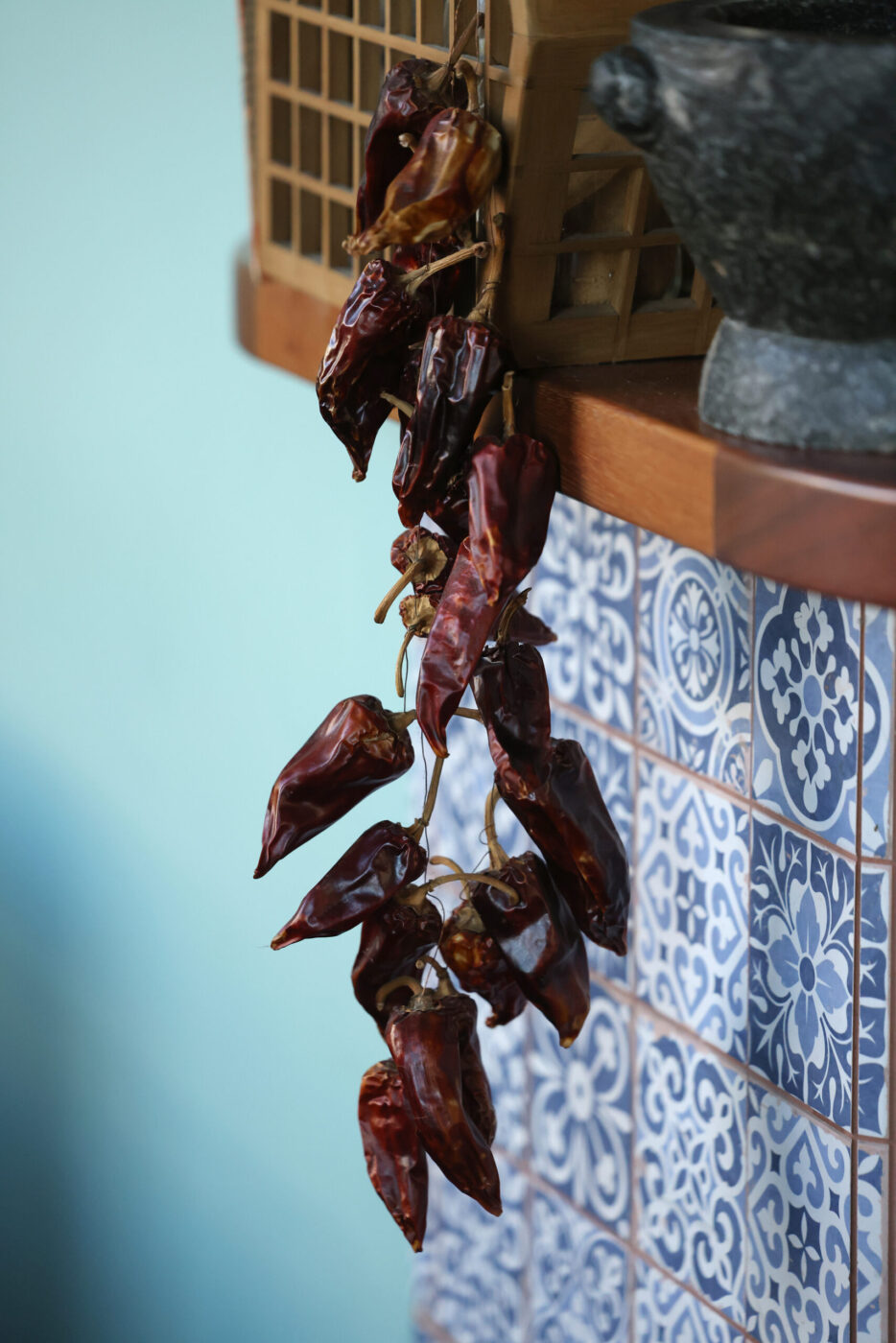 A strand of dried chilis at Pearl Petaluma in Petaluma Thursday, Jan. 8, 2026. (Beth Schlanker / The Press-Democrat)