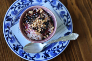 Moroccan rice pudding topped with poached pomegranate and crushed almonds at Pearl Petaluma in Petaluma Thursday, Jan. 8, 2026. (Beth Schlanker / The Press-Democrat)