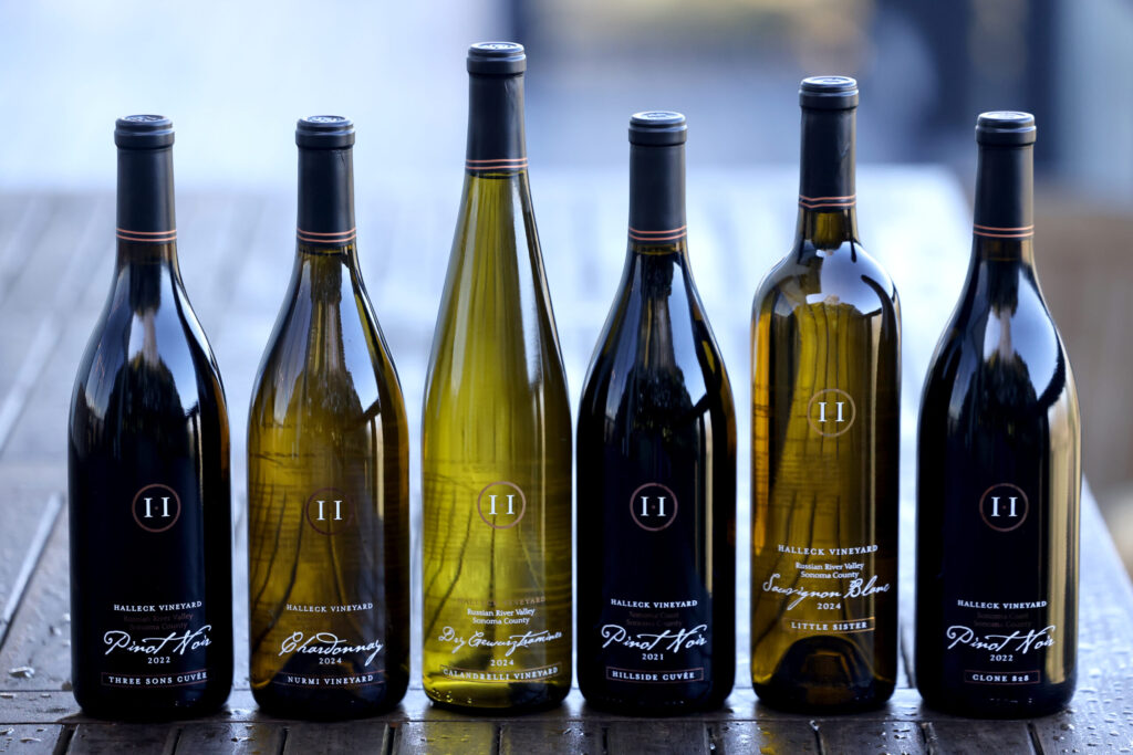 Bottles of Pinot Noir, Chardonnay, Sauvignon Blanc, and Dry Gewurztraminer at Halleck Vineyard in Sebastopol Thursday, Jan. 15, 2026. (Beth Schlanker / The Press Democrat)