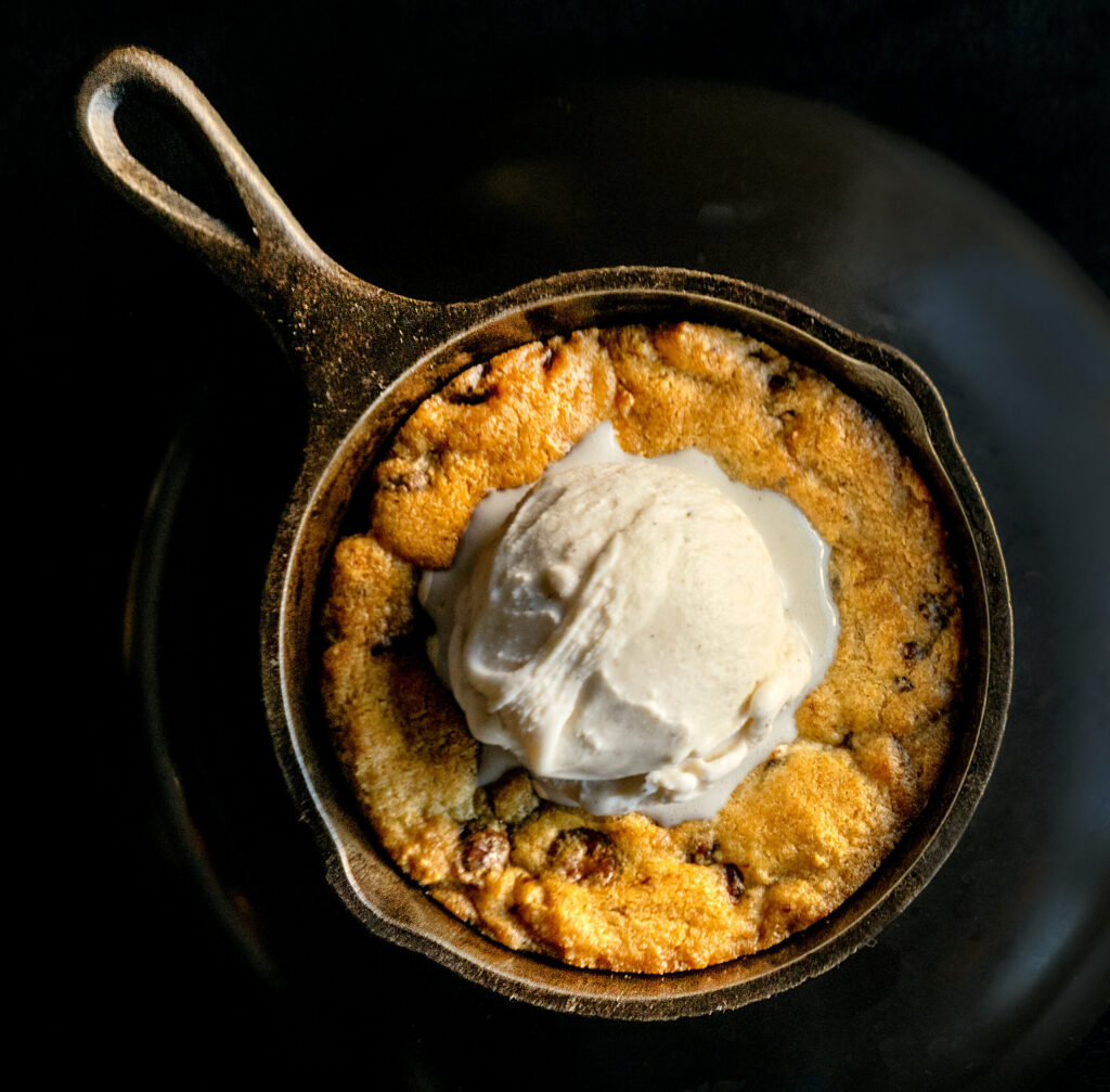 Warm Chocolate Chip Cookie Skillet with vanilla bean gelato from the Healdsburg Bar & Grill Thursday, Jan. 22, 2026 in downtown Healdsburg. (John Burgess / The Press Democrat)