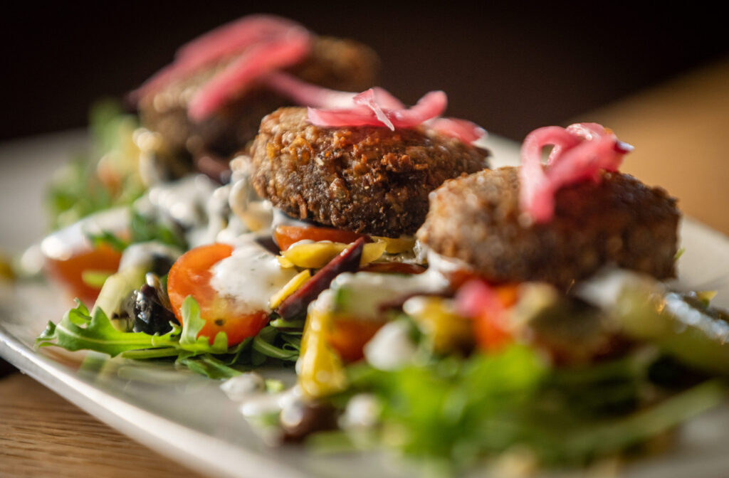 Falafel Salad with hummus, tzatziki and oregano from the Healdsburg Bar & Grill Thursday, Jan. 22, 2026 in downtown Healdsburg. (John Burgess / The Press Democrat)