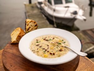 Clam chowder on the docks at Rocker Oysterfeller's at the Wharf Friday, Nov. 7, 2025, in Bodega Bay. (John Burgess / The Press Democrat)