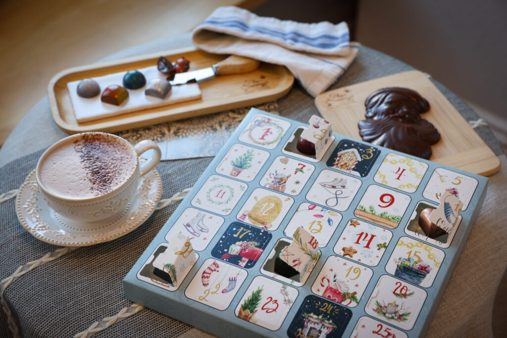 An advent calendar filled with chocolate treats is a popular item at this time of year at Fleur Sauvage Chocolates in Windsor on Friday, November 21, 2025. (Christopher Chung/The Press Democrat)