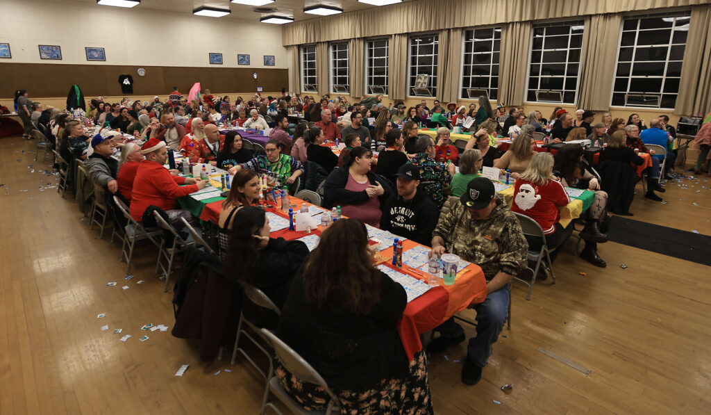 A crowd gathers for Not Just Another Zombie Christmas Bingo night at the Santa Rosa Veterans Memorial Building in Santa Rosa, Saturday, Dec. 21, 2024, hosted by the Russian River Sisters of Perpetual Indulgence. (Kent Porter / The Press Democrat)