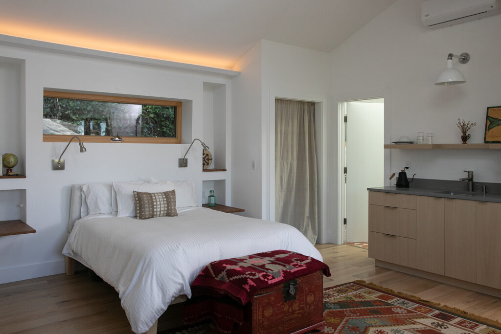 A bedroom in a guest studio space at Jennifer Becker and Lars Langberg’s Sebastopol property. (Eileen Roche)