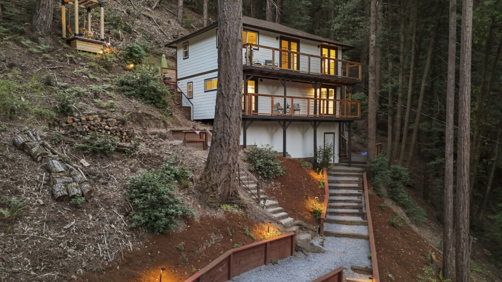 This renovated, circa-1924 Guerneville home, perched above the Russian River, is currently listed for $595,000. (Jesse West)