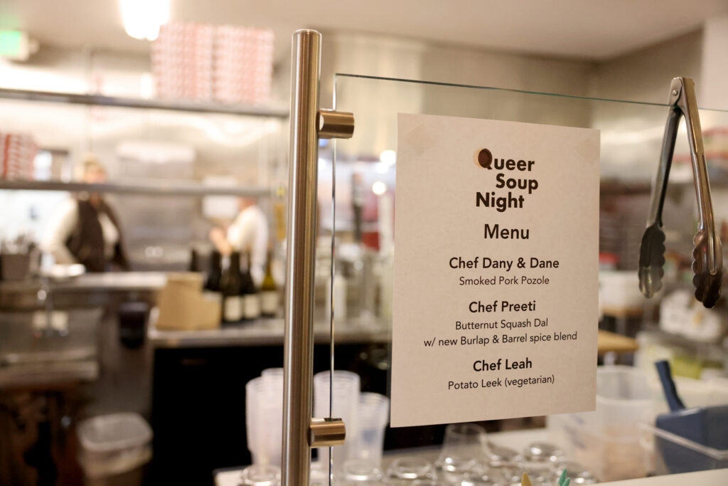 The menu at the Queer Soup Night event at Slow Co. Pizza in Cotati Sunday, Nov. 23, 2025. (Beth Schlanker / The Press Democrat)