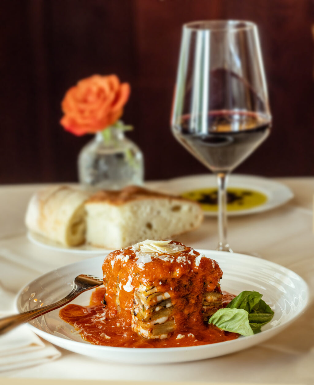 Parmigiana with baked layers of eggplant, mozzarella and tomato from Ca’Bianca Wednesday, Jan. 28, 2026 on Second Street in Santa Rosa. (John Burgess / The Press Democrat)