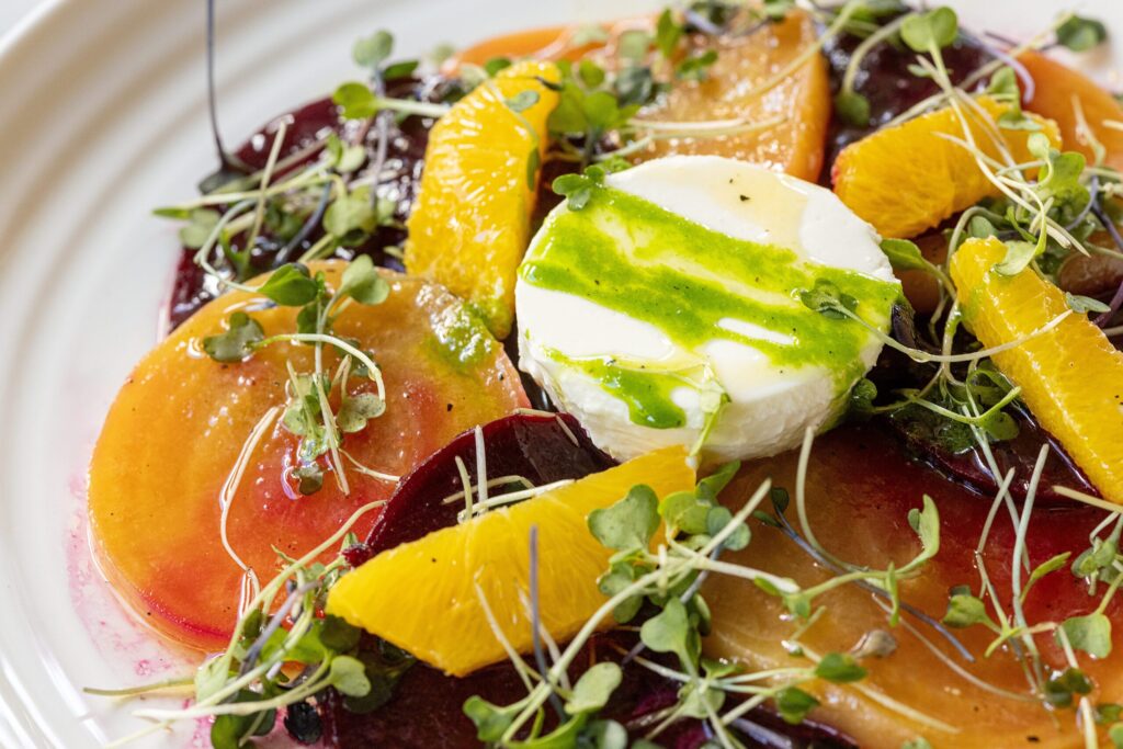 Bietole with roasted beets, goat cheese, panna cotta, micro greens and a citrus honey vinaigrette from Ca’Bianca Wednesday, Jan. 28, 2026 on Second Street in Santa Rosa. (John Burgess / The Press Democrat)