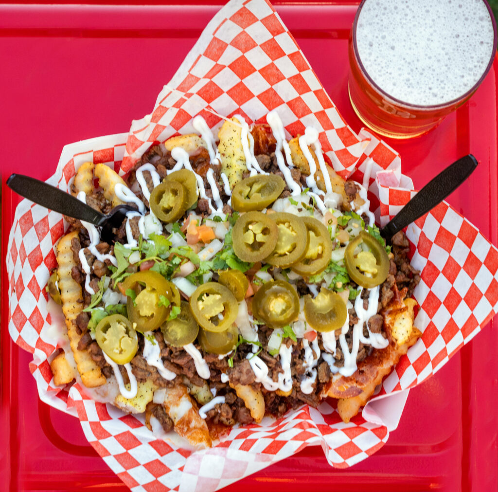 Asada Fries with carne and the works from Galvan’s Beer Garden Friday, Feb. 7, 2026 in Cotati. (John Burgess/The Press Democrat)