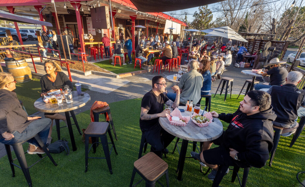 Galvan’s Beer Garden features long tables and outdoor-only seating Friday, Feb. 7, 2026 in Cotati. (John Burgess/The Press Democrat)