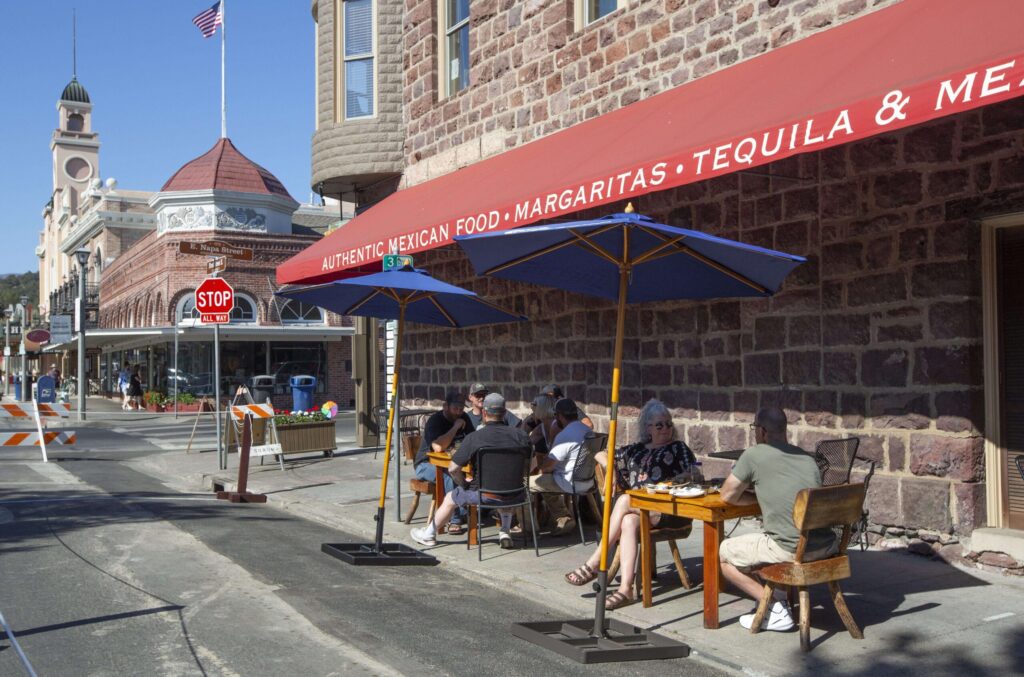 A portion of First Street East was closed off, allowing both Maya Restaurant and Pangloss Cellars to use the space adjacent to their businesses to cater to customers. (Robbi Pengelly / Sonoma Index-Tribune)
