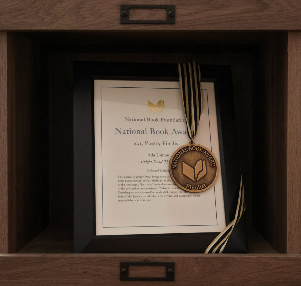 One of the awards Ada Limón has won as a poet sits on a bookshelf in her home in Glen Ellen on Wednesday, February 4, 2026. (Christopher Chung/The Press Democrat)