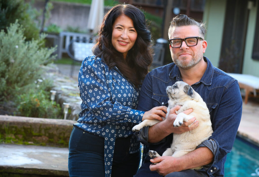 Ada Limón and Lucas Marquardt, with Lily Bean, at their home in Glen Ellen on Wednesday, February 4, 2026. (Christopher Chung/The Press Democrat)