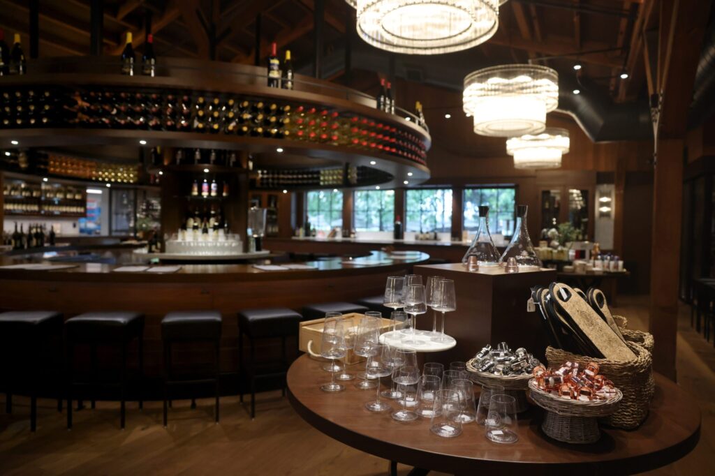 Wine glasses and products available for sale inside the newly renovated customer retail and tasting space at V. Sattui Winery in St. Helena Wednesday, Sept. 24, 2025. (Beth Schlanker / The Press Democrat)