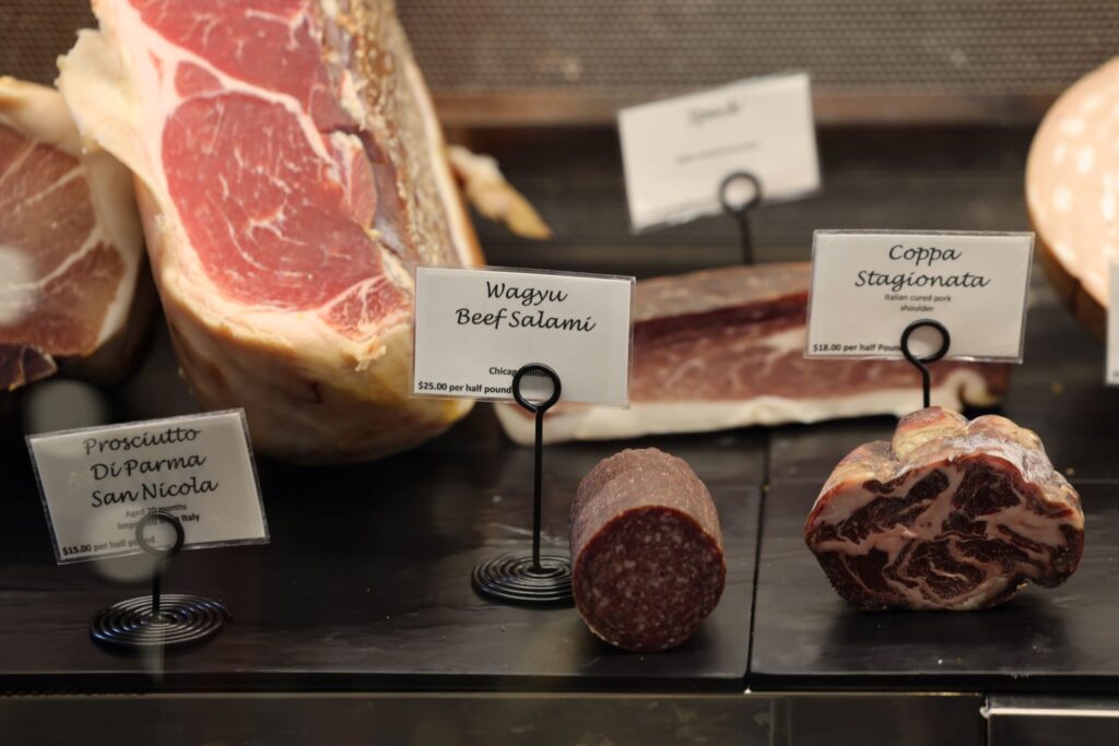 A variety of cured meats for sale inside the newly renovated customer retail and tasting space at V. Sattui Winery in St. Helena Wednesday, Sept. 24, 2025. (Beth Schlanker / The Press Democrat)