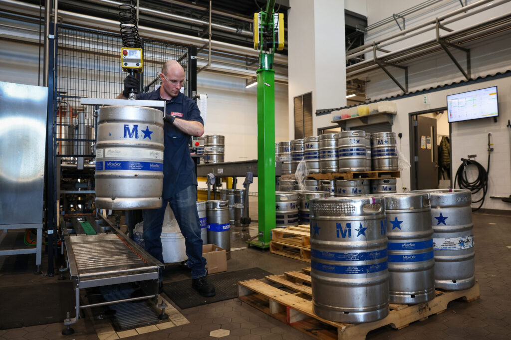 Packaging technician Matthew Hopkin moves a freshly filled keg of Pliny the Younger onto a pallet at Russian River Brewing Company in Windsor on Thursday, January 29, 2026. (Christopher Chung/The Press Democrat)