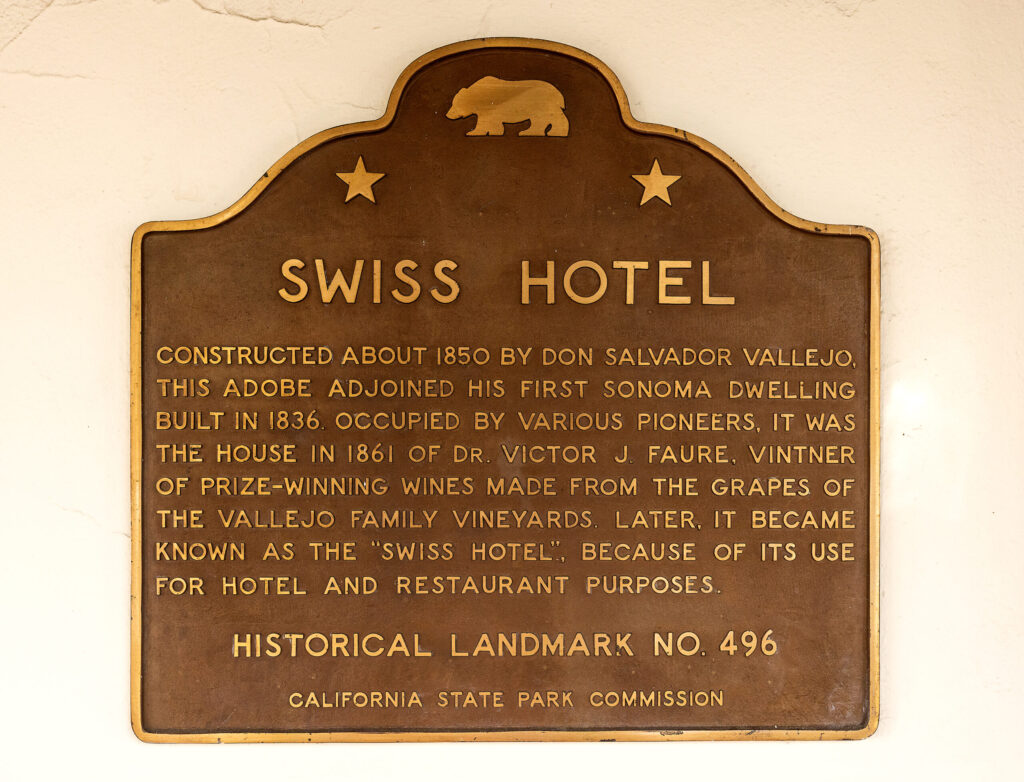 The Historical Landmark plaque on the historic Swiss Hotel Thursday, Feb. 19, 2026 on the square in Sonoma. (John Burgess/The Press Democrat)