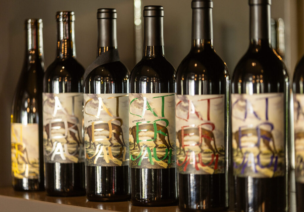 Bottles of Caterwaul by winemaker Thomas Rivers Brown on display at the Royal We tasting Thursday, March 5, 2026 in St. Helena. (John Burgess/The Press Democrat)