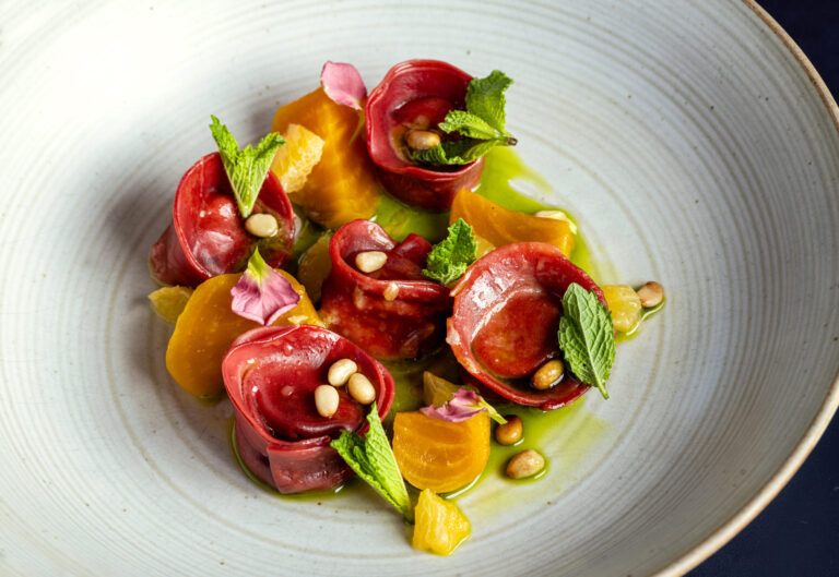 Cheese Cappelletti with beet, mint and meyer lemon from Juju’s, a French-Moroccan dinner pop-up in the Acorn Café space on the square in Healdsburg. Photo taken Thursday, March 19, 2026. (John Burgess/The Press Democrat)