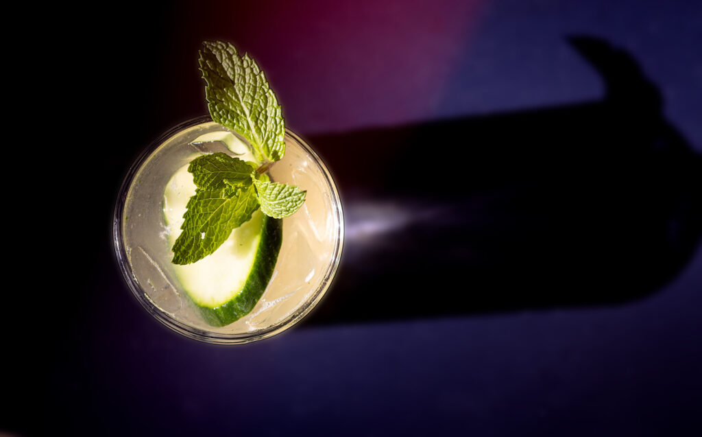 The Marrakech Garden cocktail with Veso Eclipse aperitif wine, cucumber, mint, lime, saline and mint mist from Juju’s, a French-Moroccan dinner pop-up in the Acorn Café space on the square in Healdsburg. Photo taken Thursday, March 19, 2026. (John Burgess/The Press Democrat)