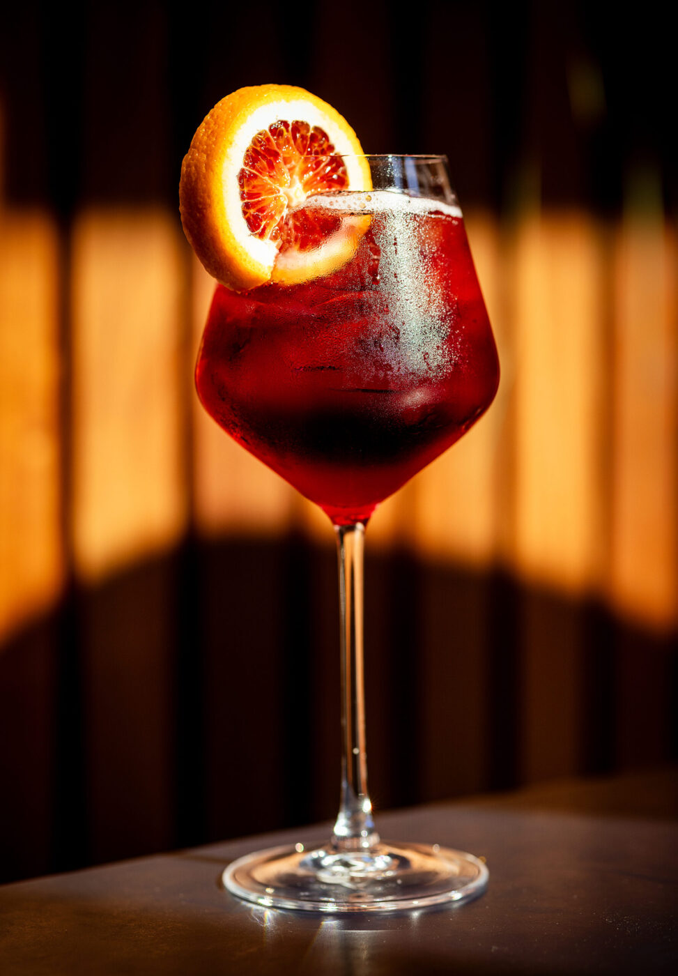 The Atlas Spritz with blood orange, sparkling wine, soda and orange blossom mist from Juju’s, a French-Moroccan dinner pop-up in the Acorn Café space on the square in Healdsburg. Photo taken Thursday, March 19, 2026. (John Burgess/The Press Democrat)