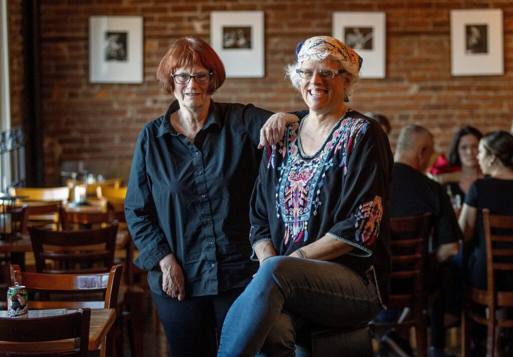 From left, Old Chicago Pizza co-owner Joanne Hansen and her business partner Audrey Haglund, who started as a busser in 1987 before working her way up the ranks, Thursday, March 19, 2026 in Petaluma. (John Burgess/The Press Democrat)