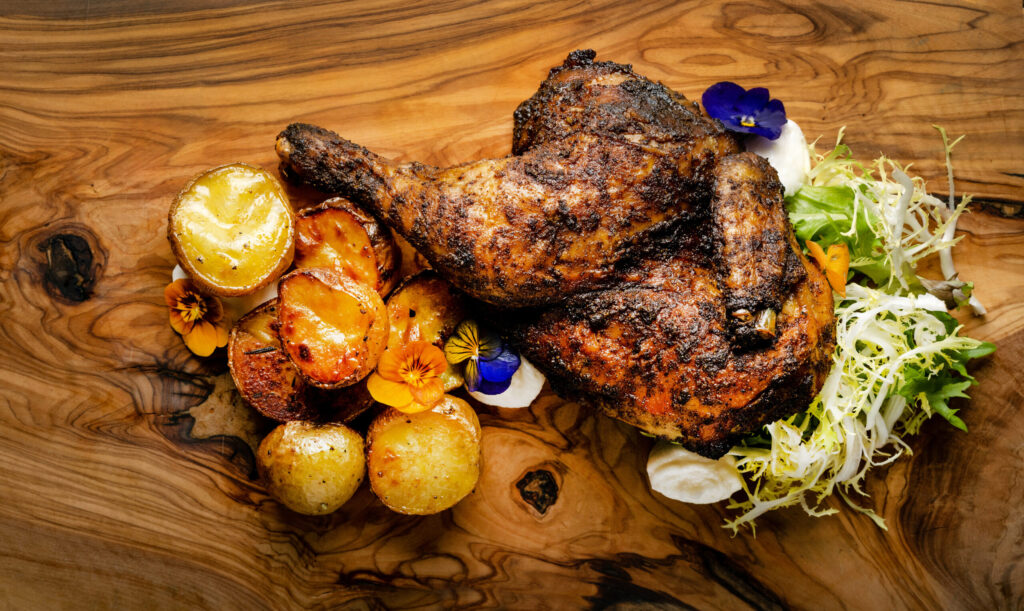 Levantine Chicken with batata and toum from the lunch-only menu at Mazza Levantine Kitchen Thursday, March 26, 2026 in northeast Petaluma. (John Burgess / The Press Democrat)