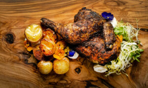Levantine Chicken with batata and toum from the lunch-only menu at Mazza Levantine Kitchen Thursday, March 26, 2026 in northeast Petaluma. (John Burgess / The Press Democrat)