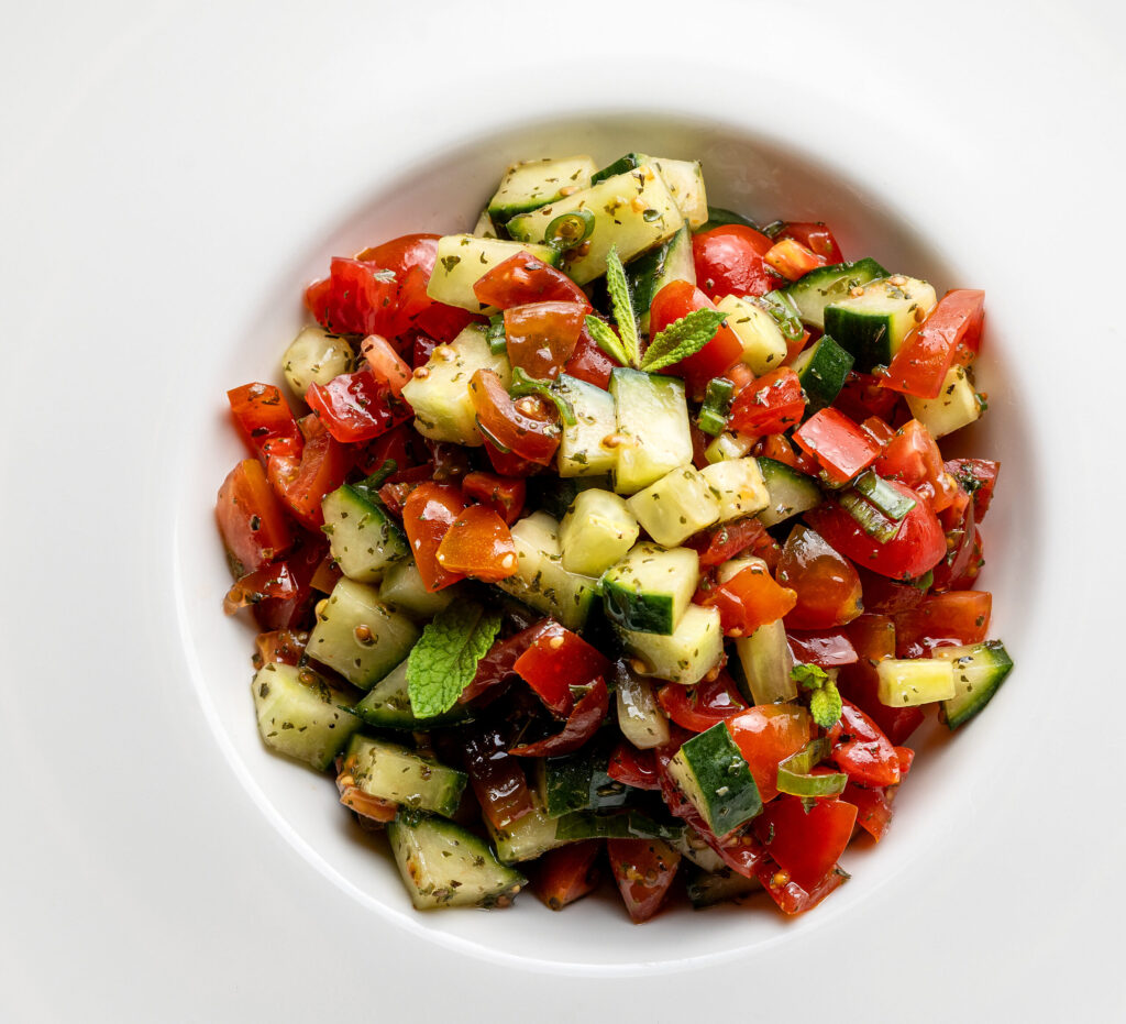 Salata Arabiya, a traditional dish served with most Middle Eastern meals, from the lunch-only menu at Mazza Levantine Kitchen Thursday, March 26, 2026 in northeast Petaluma. (John Burgess / The Press Democrat)