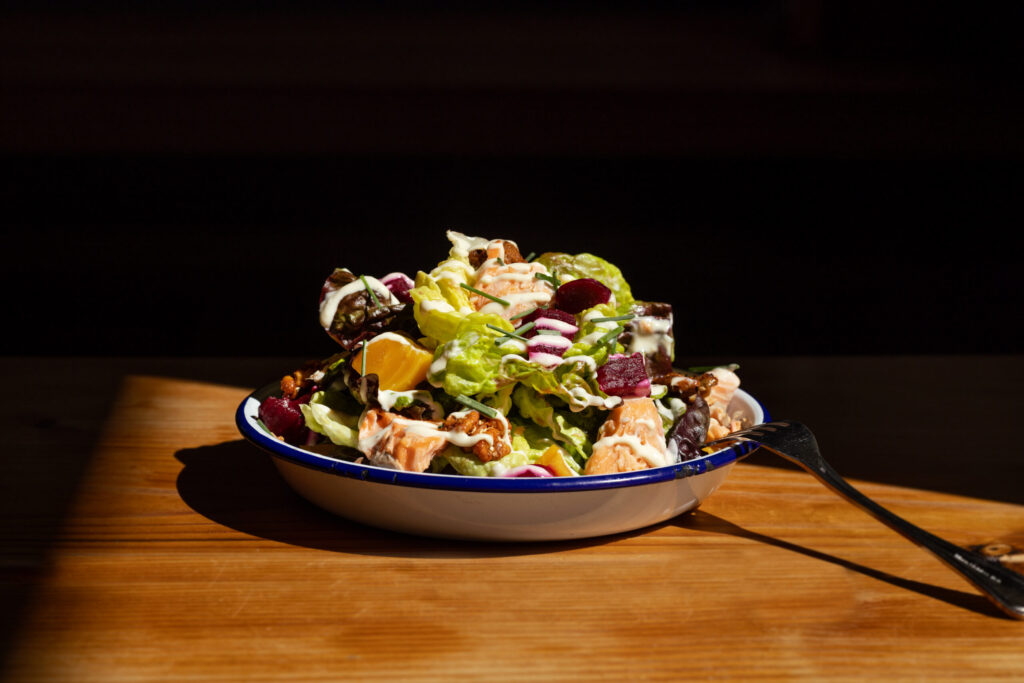 The Monterey Trout Salad with house-smoked trout, roasted beets, candied walnuts, charred meyer lemon creme fraiche dressing from Handline Monday, March 30, 2026 in Sebastopol. (John Burgess/The Press Democrat)
