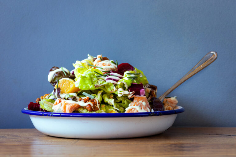 The Monterey Trout Salad with house-smoked trout, roasted beets, candied walnuts, charred Meyer lemon creme fraiche dressing from Handline Monday, March 30, 2026 in Sebastopol. (John Burgess/The Press Democrat)