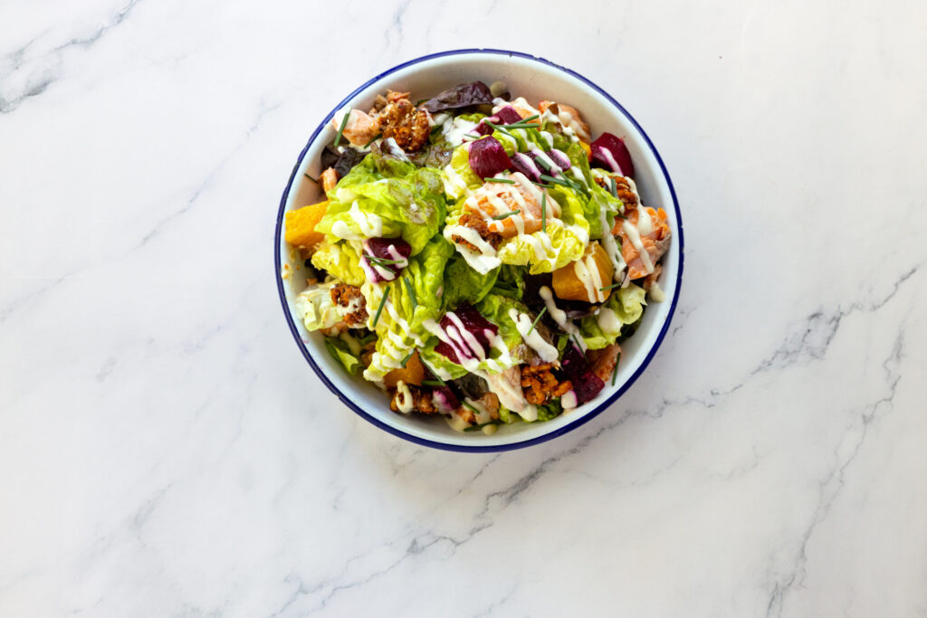 The Monterey Trout Salad with house-smoked trout, roasted beets, candied walnuts, charred Meyer lemon creme fraiche dressing from Handline Monday, March 30, 2026 in Sebastopol. (John Burgess/The Press Democrat)
