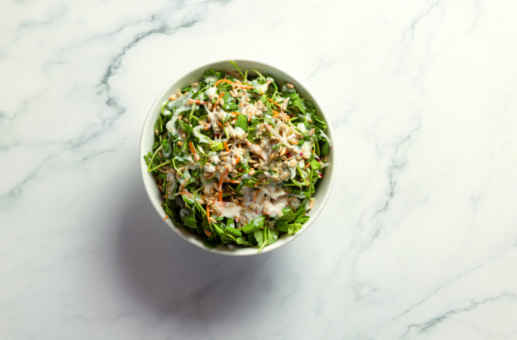 Pea Shoots with sesame, yogurt and sunflower seeds from Lo and Behold Bar and Kitchen Monday, March 30, 2026 in Healdsburg. (John Burgess/The Press Democrat)