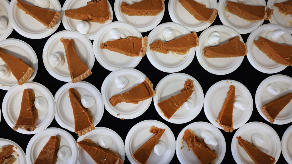 Pumpkin pie during the Redwood Gospel Mission’s Great Thanksgiving Banquet, Wednesday, Nov. 27, 2024 at the Sonoma County Fairgrounds in Santa Rosa. (Kent Porter / The Press Democrat)