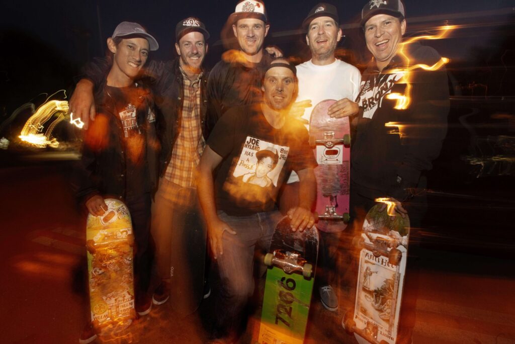 From left: Jacques Law, 37, Michael Minard, 29, Klaus Rappensperger, 41, Uriah Green, 39, William Tobler, 39 and Eric Gardea, 45, are a group of dads who formed a skateboard club called the 10 30 Club. They pose for a portrait in the parking lot of the CVS at Mendocino and Steele Lane in Santa Rosa, where they were having a Friday night skate session, June 15, 2018. (Erik Castro / for The Press Democrat)