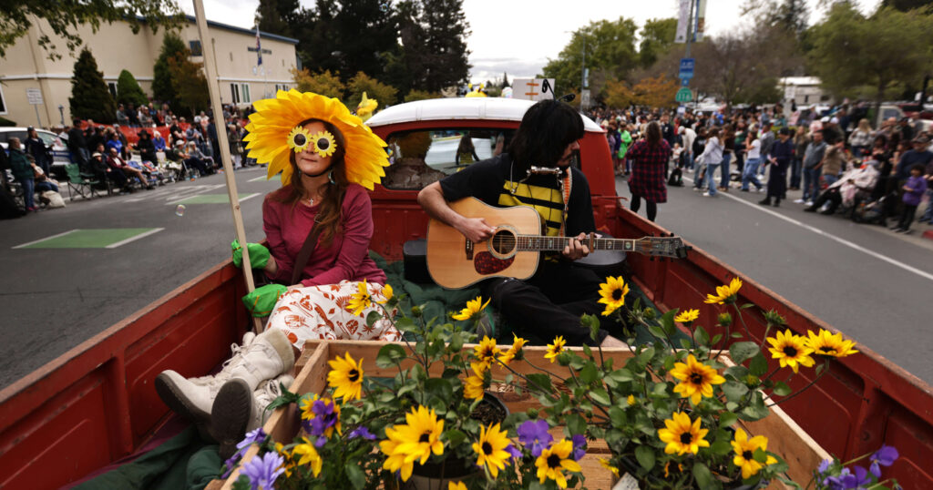Dominique Blanc-Brodie, left, and Sean O’Hara-Garcia with Sebastopol’s Community Market, play the part of flower children during the 79th Annual Apple Blossom Parade and Festival in Sebastopol, Saturday, April 26, 2025. (Kent Porter / The Press Democrat)