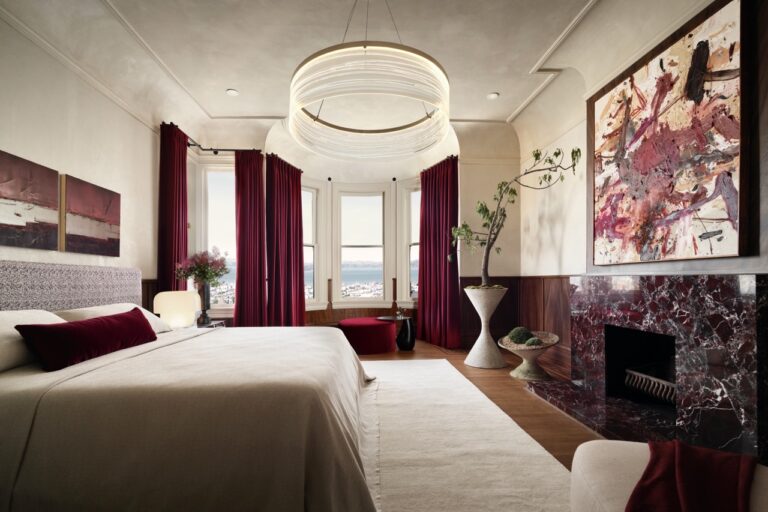 Castellanos Interiors of San Francisco designed the “Red Bedroom” featuring curtains from Healdsburg-based Sandra Jordan Prima Alpaca. (Jose Manuel Alondra)
