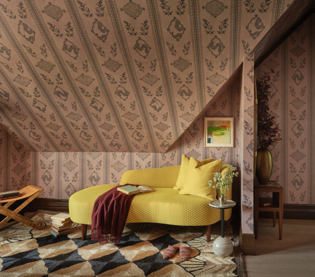 Maker and Moss’s design of “The Study” features several artworks by Petaluma abstract artist Lisa Lightman. Her piece “Highway 101 in the Morning” sits above the chaise. (Brad Knipstein Photography)