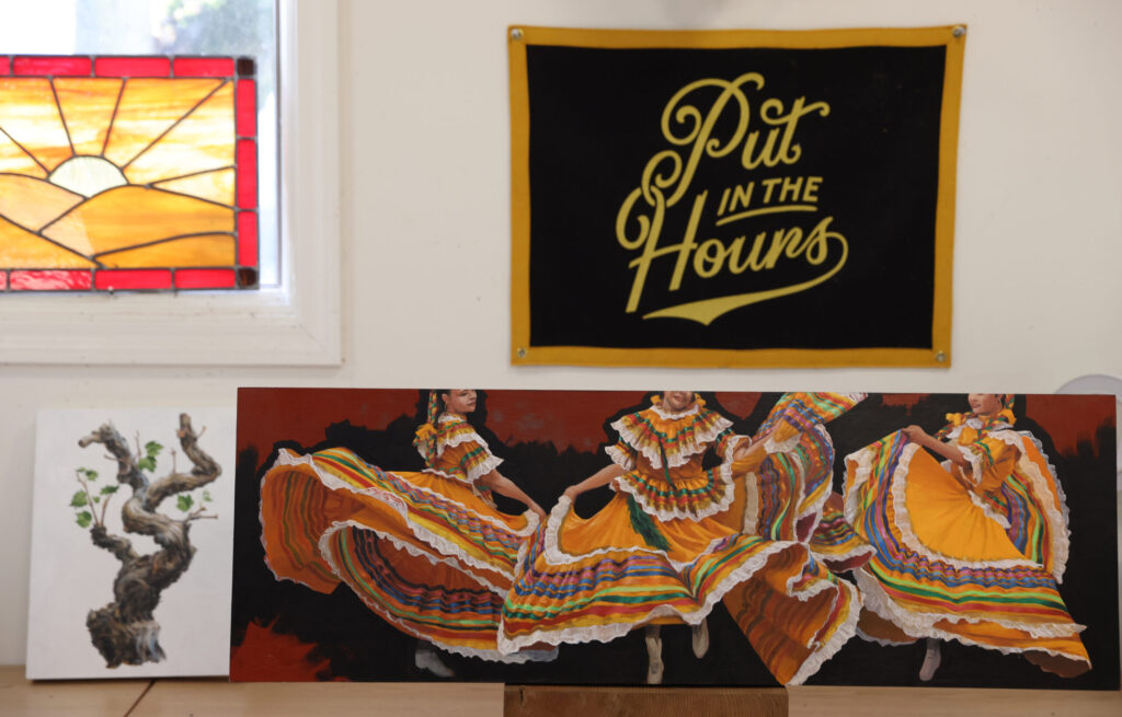 Artist Jake Messing’s concept for a mural, lower right, for the Healdsburg Community Center at his studio in Healdsburg on Friday, February 6, 2026. (Christopher Chung/The Press Democrat)