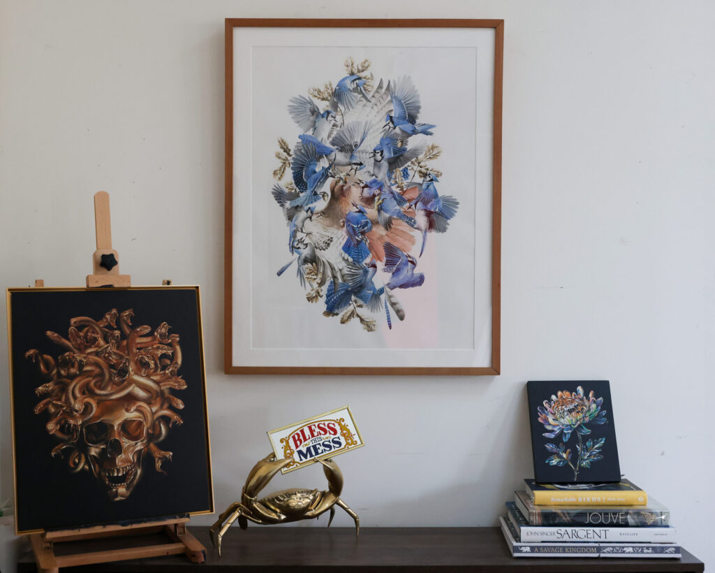 Artist Jake Messing’s painting “Azure Guard” was displayed in the de Young Museum in San Francisco. Photo taken in Healdsburg on Friday, February 6, 2026. (Christopher Chung/The Press Democrat)